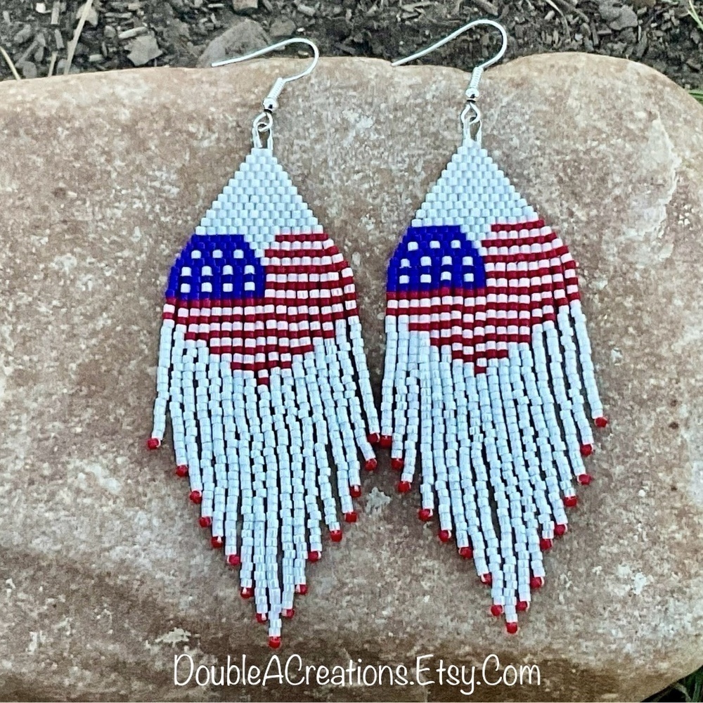 Heart Flag Beaded Earrings, New, Handmade by Me